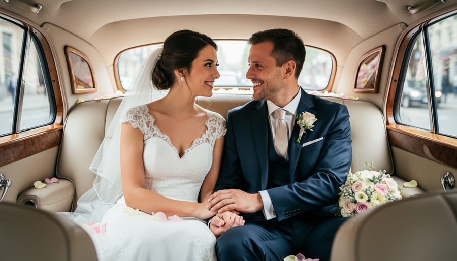 Bride and groom laughing together in vintage convertible with coastal scenery in background