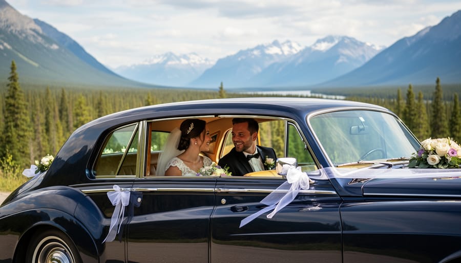 Bride and groom in vintage white wedding car with Canadian Rocky Mountains in background