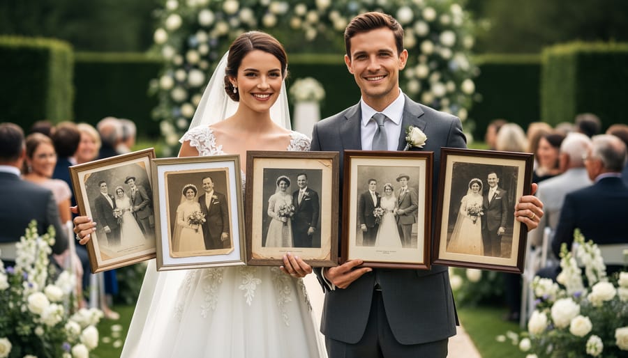 Vintage family wedding photograph placed alongside modern wedding details showing generational connection
