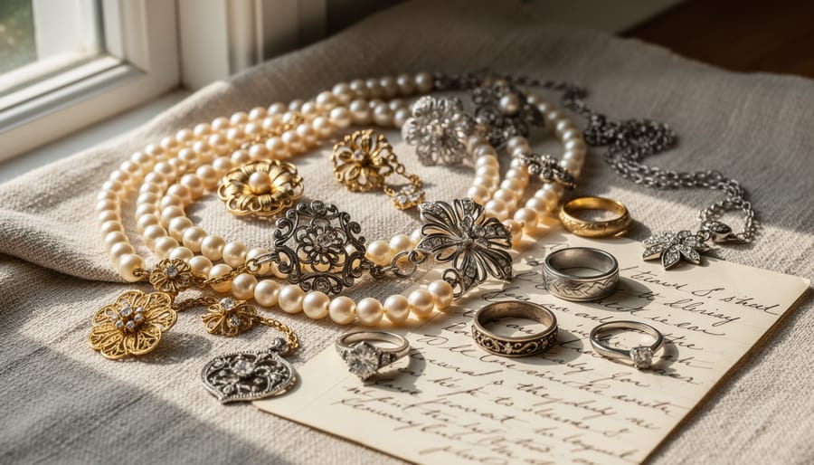 Bride holding inherited pearl necklace and gold brooch against wedding dress