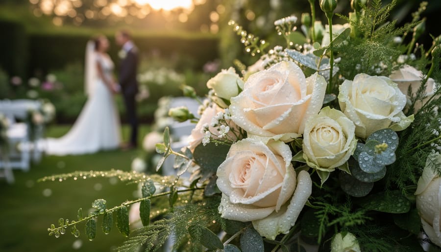 Close-up of a bridal bouquet on a stone step with dew-covered garden flowers