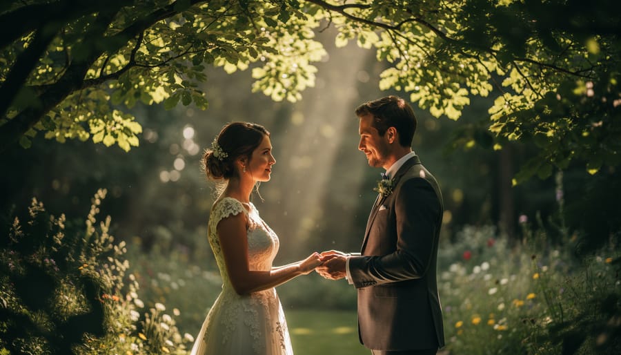 Couple exchanging vows under a rose trellis with dappled sunlight