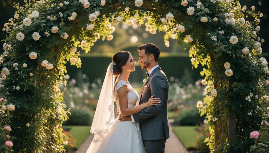Couple standing on a garden path beneath a blooming arbor during golden hour