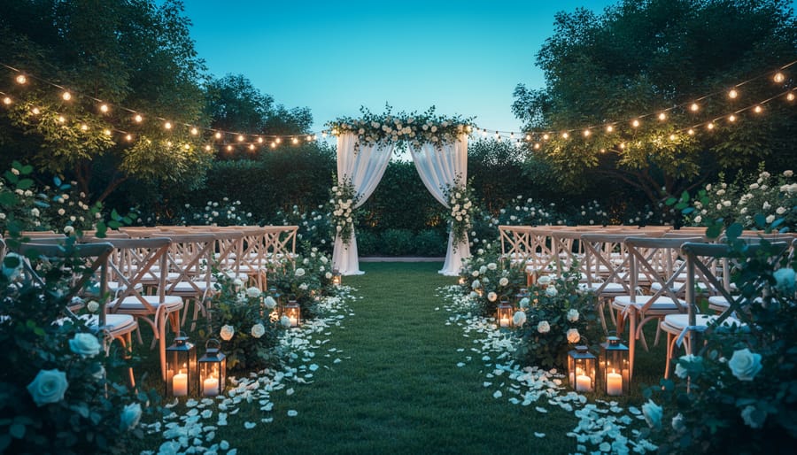 Garden ceremony pathway and arched gate at blue hour with cool twilight lighting