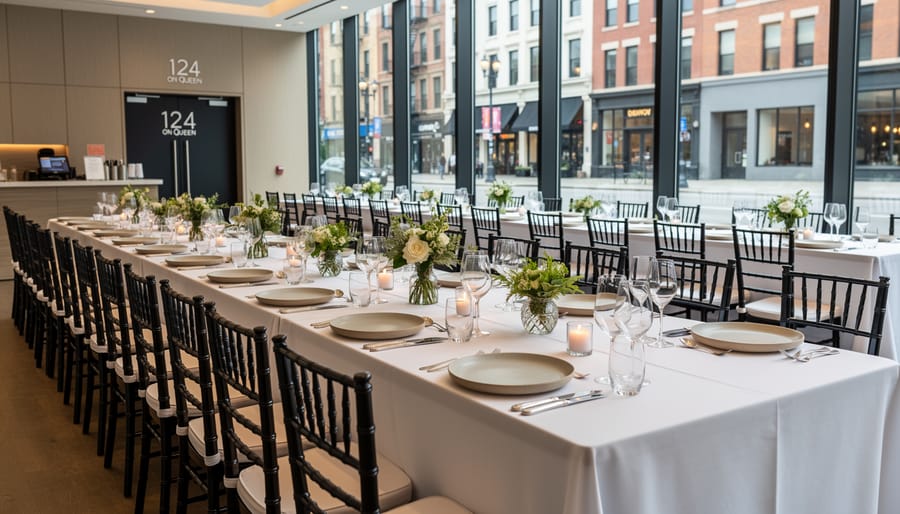 Wedding weekend banquet table with candles and modern floral arrangements near tall windows overlooking a blurred city skyline