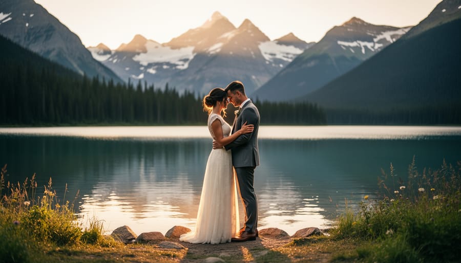 Couple standing hand-in-hand on a rocky viewpoint overlooking a turquoise Canadian alpine lake during golden hour