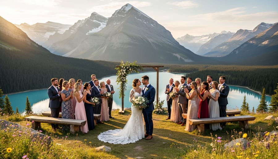 Decorated wedding ceremony arch with guests silhouetted against misty Banff mountain peaks