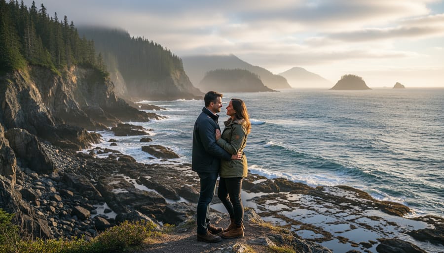 Wedding couple photographed on a coastal cliff during golden hour with the ocean in the background