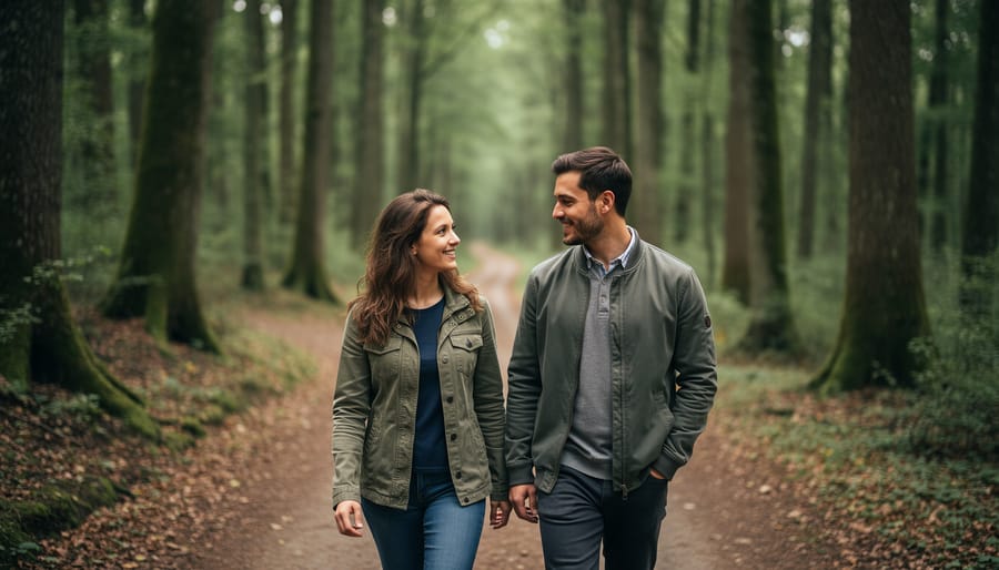 Couple posing along a forest trail with evergreens blurred in the background