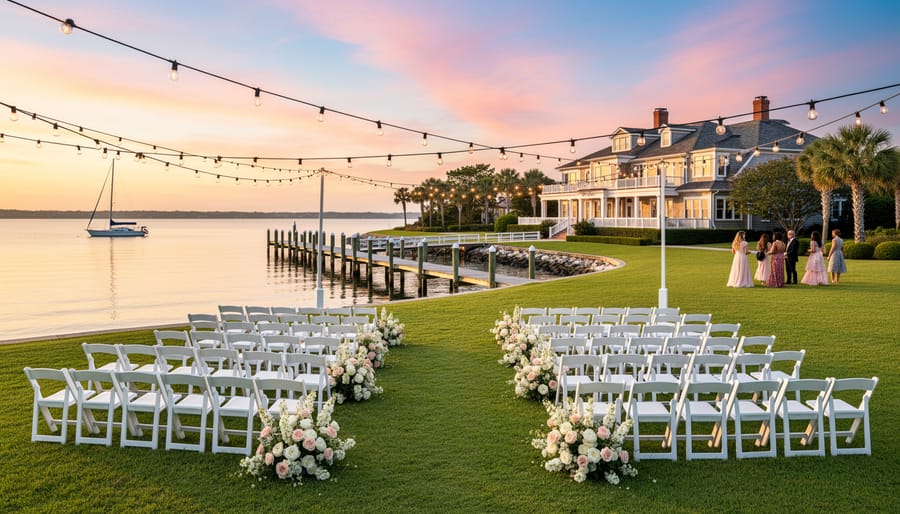 Couple standing on a waterfront stone patio at dusk with calm lake reflections and estate lights in view