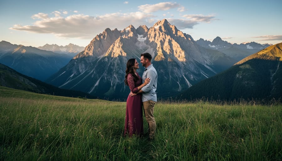 Couple photographed at a mountain viewpoint with wild grass in the foreground and peaks in the background
