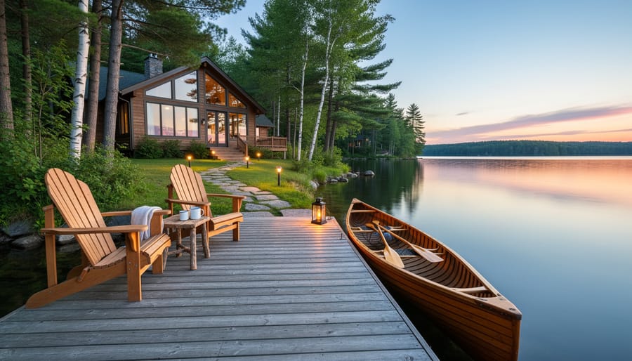 Muskoka-style lakeside dock scene with picnic items and a canoe in the background