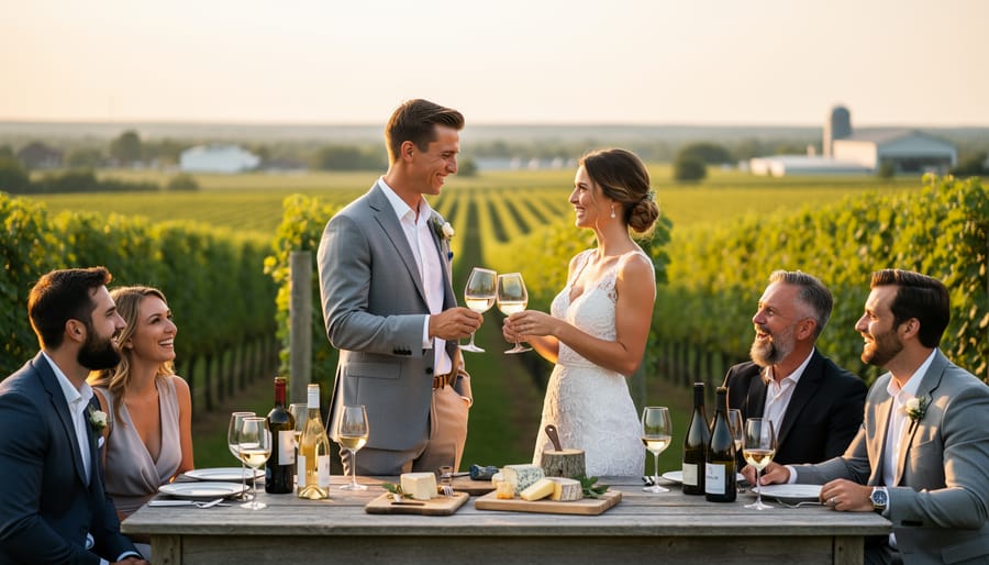 Couple toasting with wine glasses on a Niagara-on-the-Lake vineyard terrace at golden hour