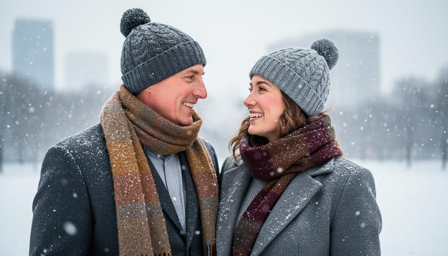 Couple embracing in a snowy winter landscape with evergreen trees softly blurred behind