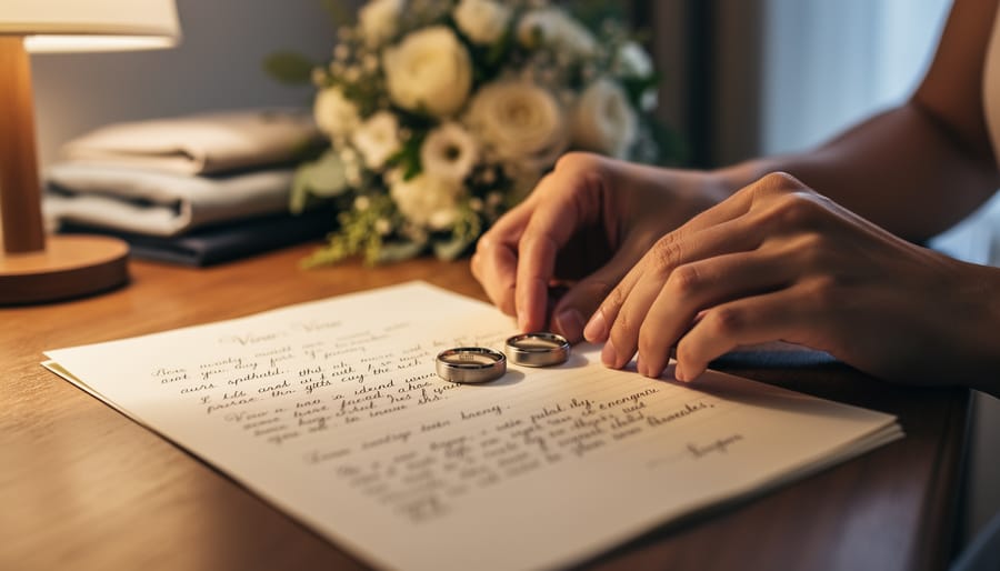 Close-up of wedding rings and handwritten vows on a picnic blanket near a cabin window