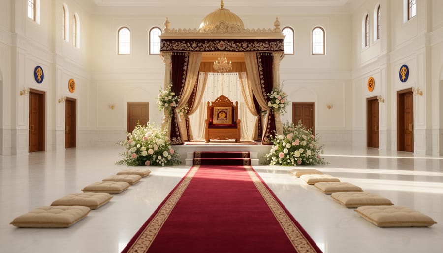 Sikh wedding ceremony setting near the Guru Granth Sahib with the couple and ceremonial textiles in view.