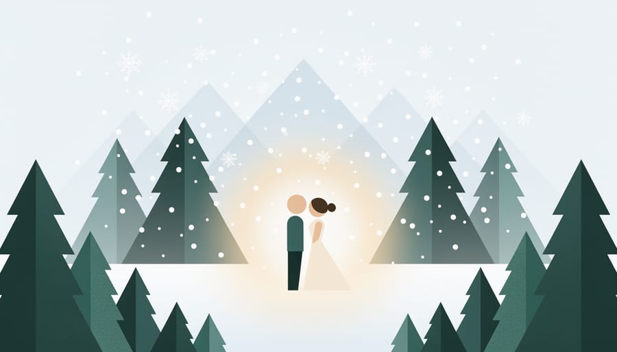 Couple wrapped in blankets holding a small evergreen bouquet in falling snow with warm cabin light in the background.