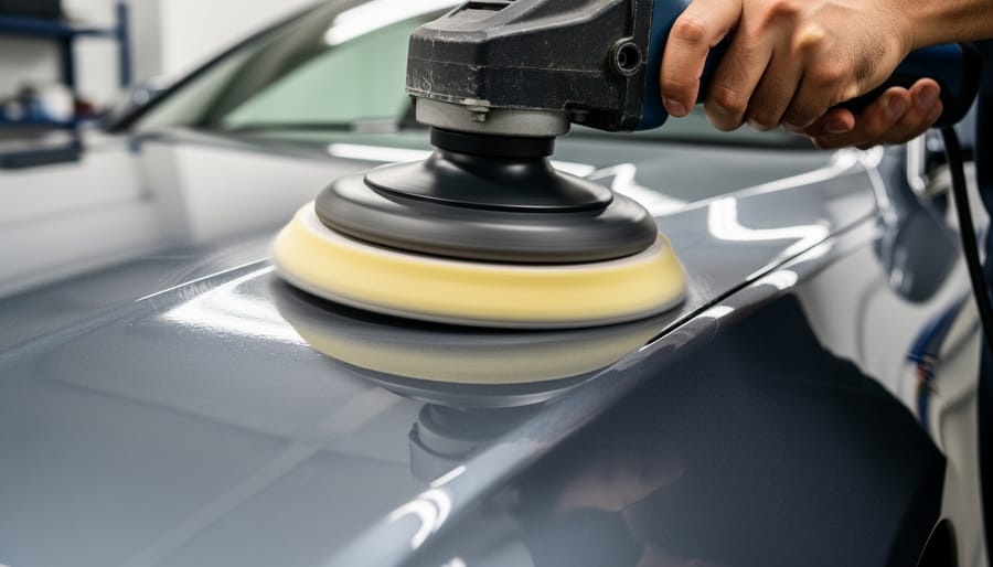 Close-up of a dual-action polisher being used by gloved hands on a wedding car’s door panel