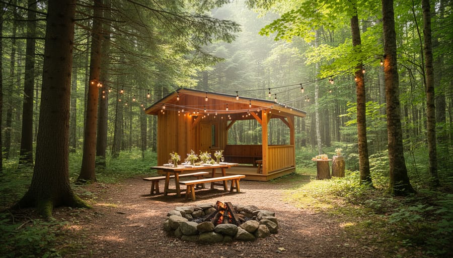 A couple approaching a small ceremony pavilion along a pine forest path with warm string lights in the background.