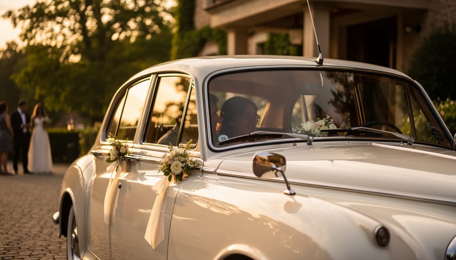 Wedding couple adding finishing touches beside a polished wedding car with golden-hour reflections