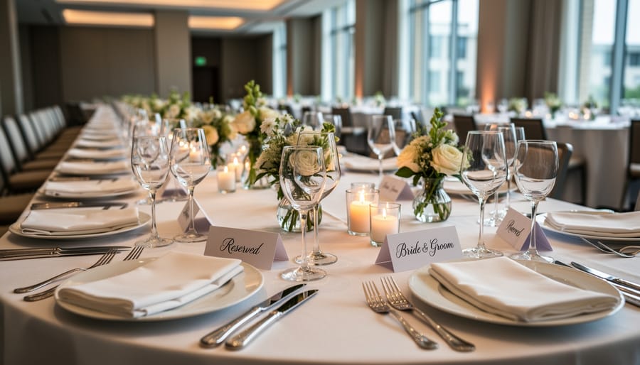 Close-up of hands adjusting candle and floral centerpieces on a small wedding table setting.