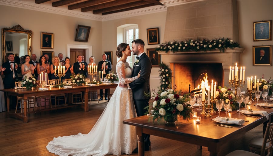Candlelit historic estate interior with a stone fireplace, evergreen table decor, and a wedding couple near an arched doorway.