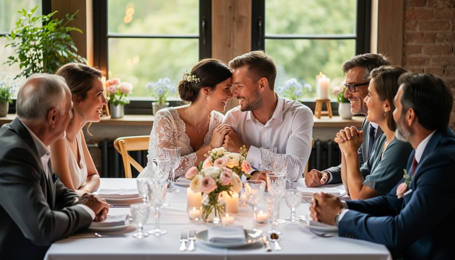A couple and small group of guests seated at a candlelit round table with floral centerpieces for an intimate wedding.