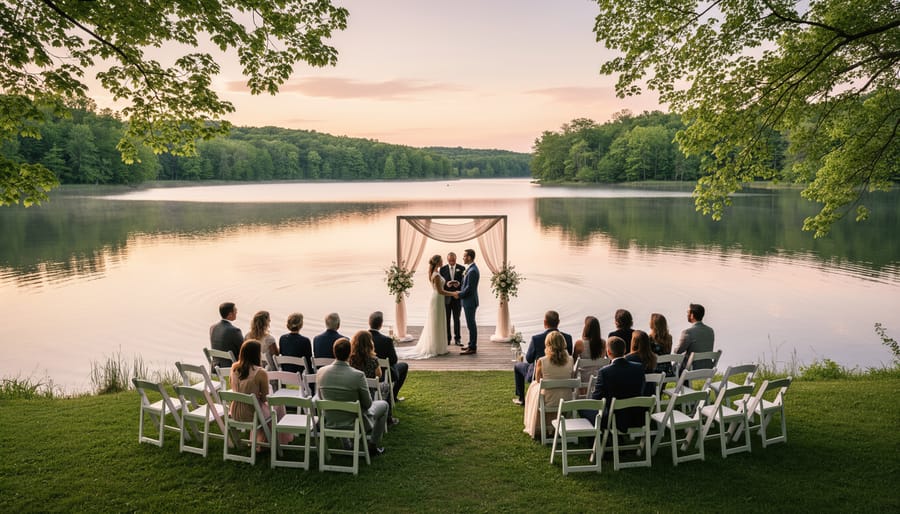 A couple standing near a Canadian lake with a small wedding ceremony setup and chairs behind them.