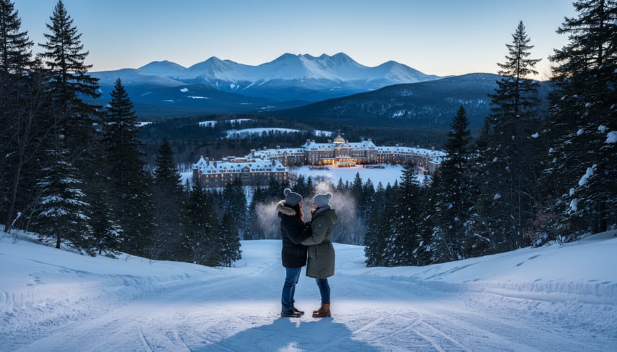 Winter wedding couple standing on a snowy mountain viewpoint with evergreen trees and distant snow-capped peaks behind them.