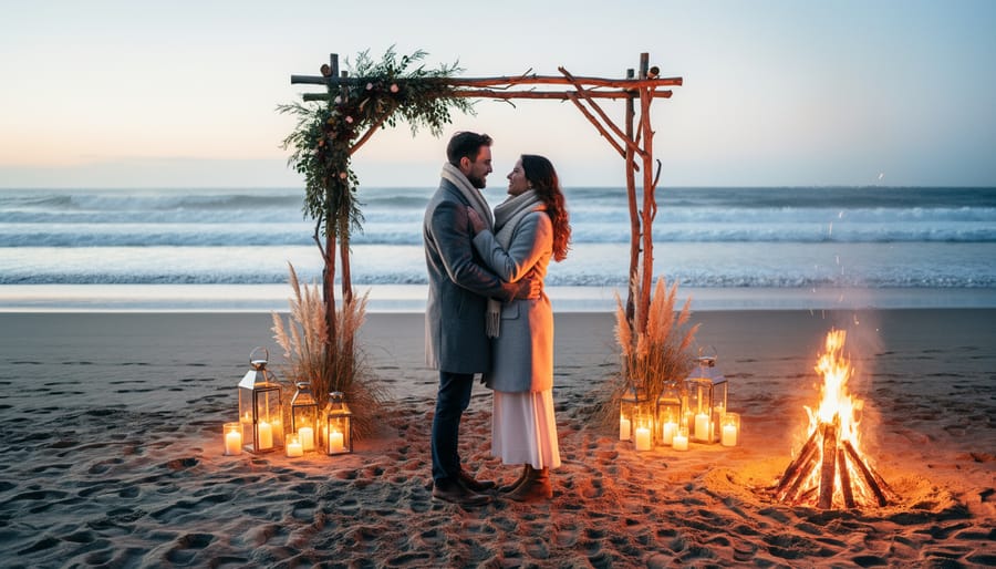 Couple on a snowy winter shoreline near a retreat window with warm firelight, with foamy ocean waves under grey clouds.