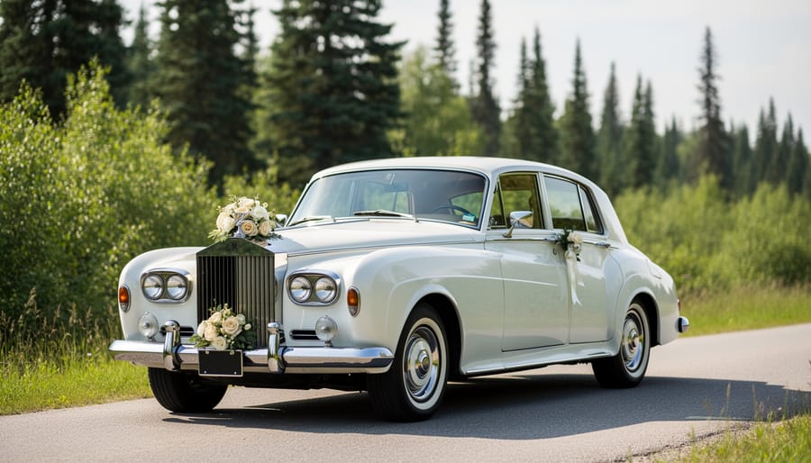 Silver wedding car with glossy, mirror-like paint reflecting surrounding trees in a shaded Canadian driveway
