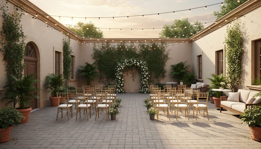 Stone patio courtyard with string lights, greenery planters, and arranged chairs for a small wedding ceremony.