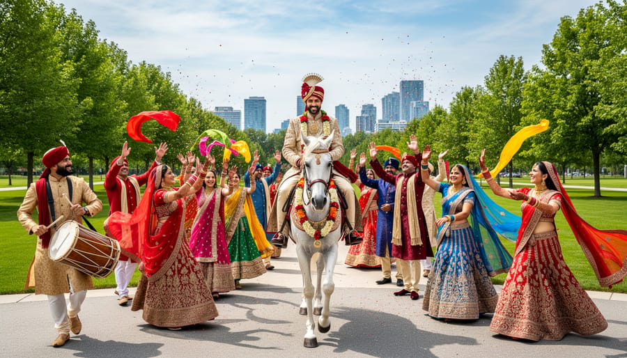 Baraat procession outdoors at a Canadian venue with the groom and dancing family in traditional Sikh attire.