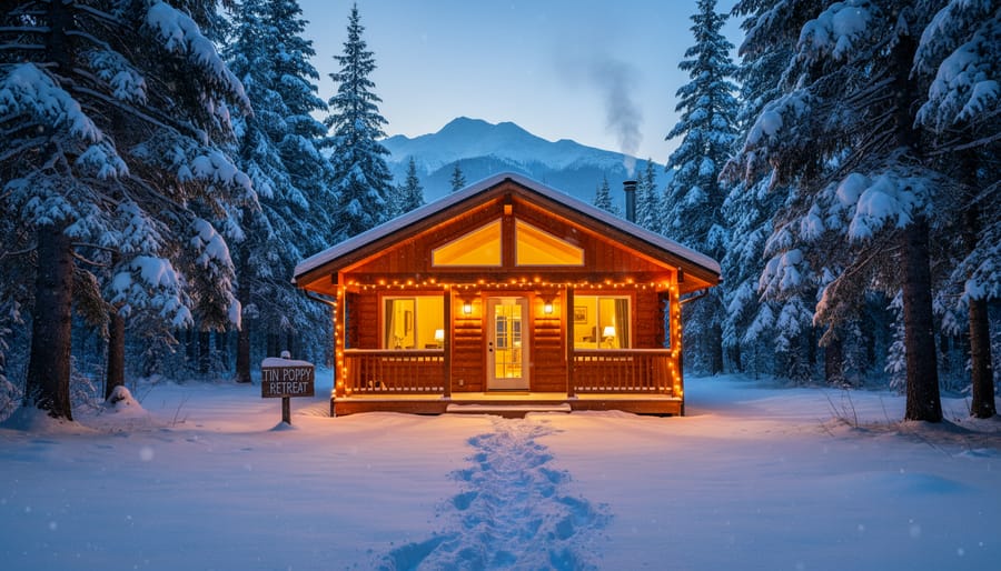Snowy off-grid cabin with warm lights glowing and a couple holding steaming mugs on a wooden porch in a BC forest.