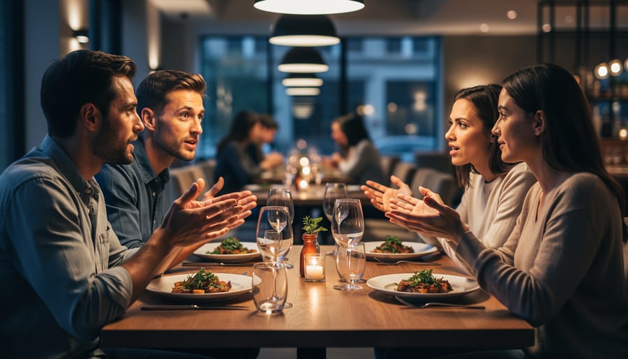Couple talking warmly across a dinner table with food and warm lamp lighting