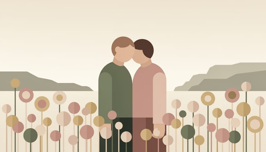 Engaged couple in a wildflower field with scenic BC landscapes in the background