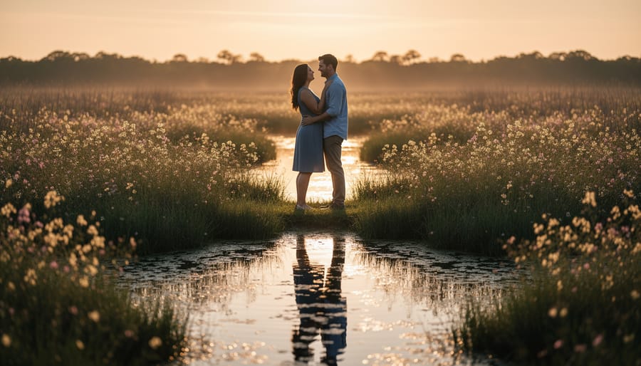 Couple holding hands in a golden-hour wetland landscape with marsh marigolds and reeds