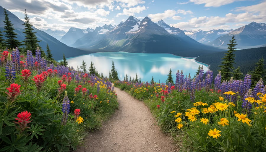 Couple hiking a wildflower trail toward Garibaldi Lake with mountains in the distance
