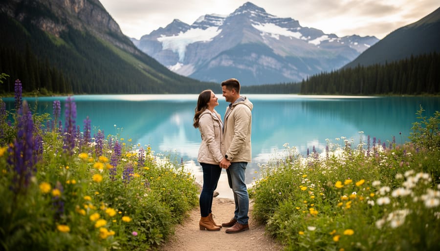 Engaged couple walking a wildflower trail near turquoise Joffre Lakes with mountains in the background