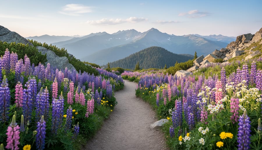 Couple in a subalpine meadow at Cascade Lookout surrounded by lupines and paintbrush
