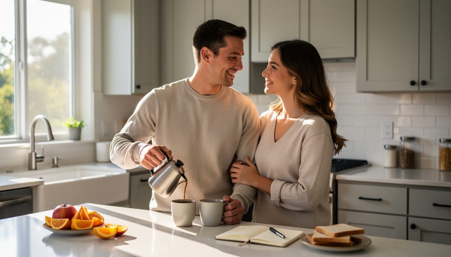 Couple holding hands in a kitchen at dawn with a phone resting on the counter nearby