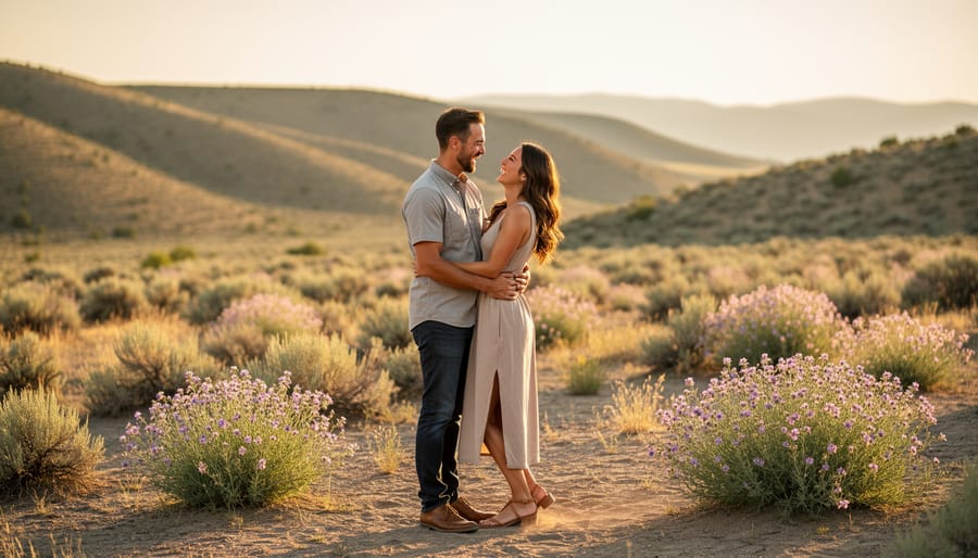 Couple walking through a field of desert wildflowers in the Okanagan Grasslands with sagebrush in the background