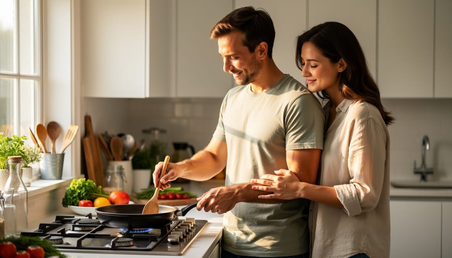 Partner hand resting on the other’s back while the couple cooks together in a kitchen