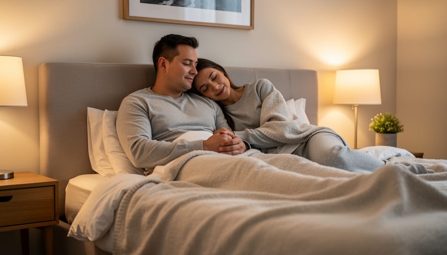 Couple lying in bed at night reading side-by-side under soft amber lighting