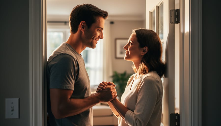 Couple sharing a lingering kiss at the front door with keys in one partner’s hand