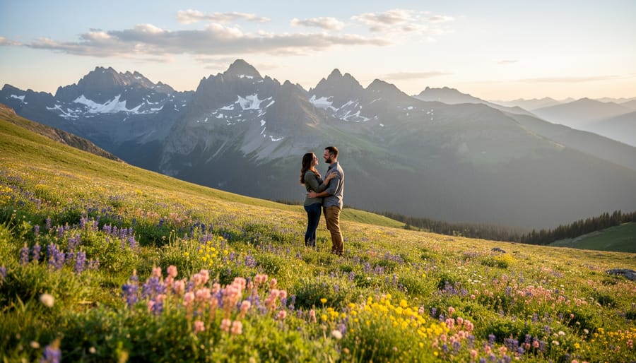 Couple holding hands in a wildflower meadow on Juniper Ridge at Sun Peaks with alpine mountains in the distance