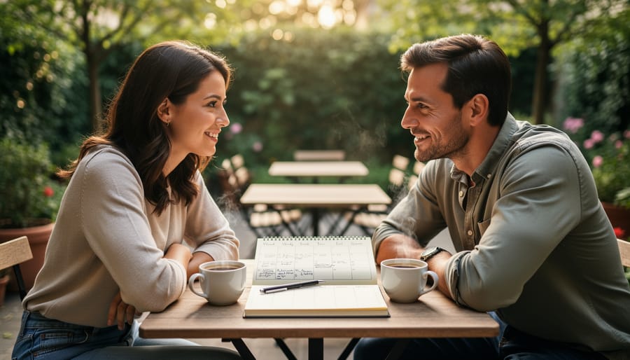Couple sitting on a bench with coffee cups and a notebook during a Sunday walk