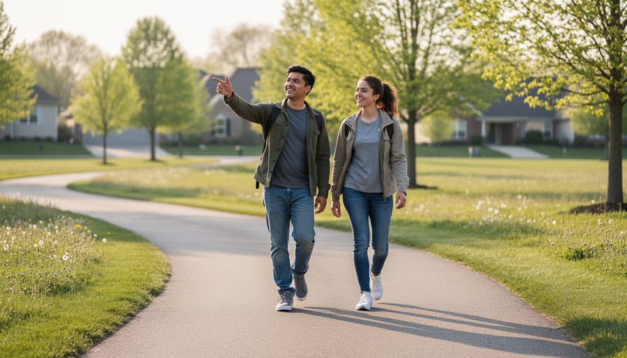Couple hiking on a scenic trail during golden hour, walking side-by-side