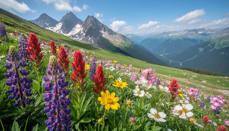 Couple strolling through a wildflower meadow at Singing Pass with mountains and alpine peaks behind them